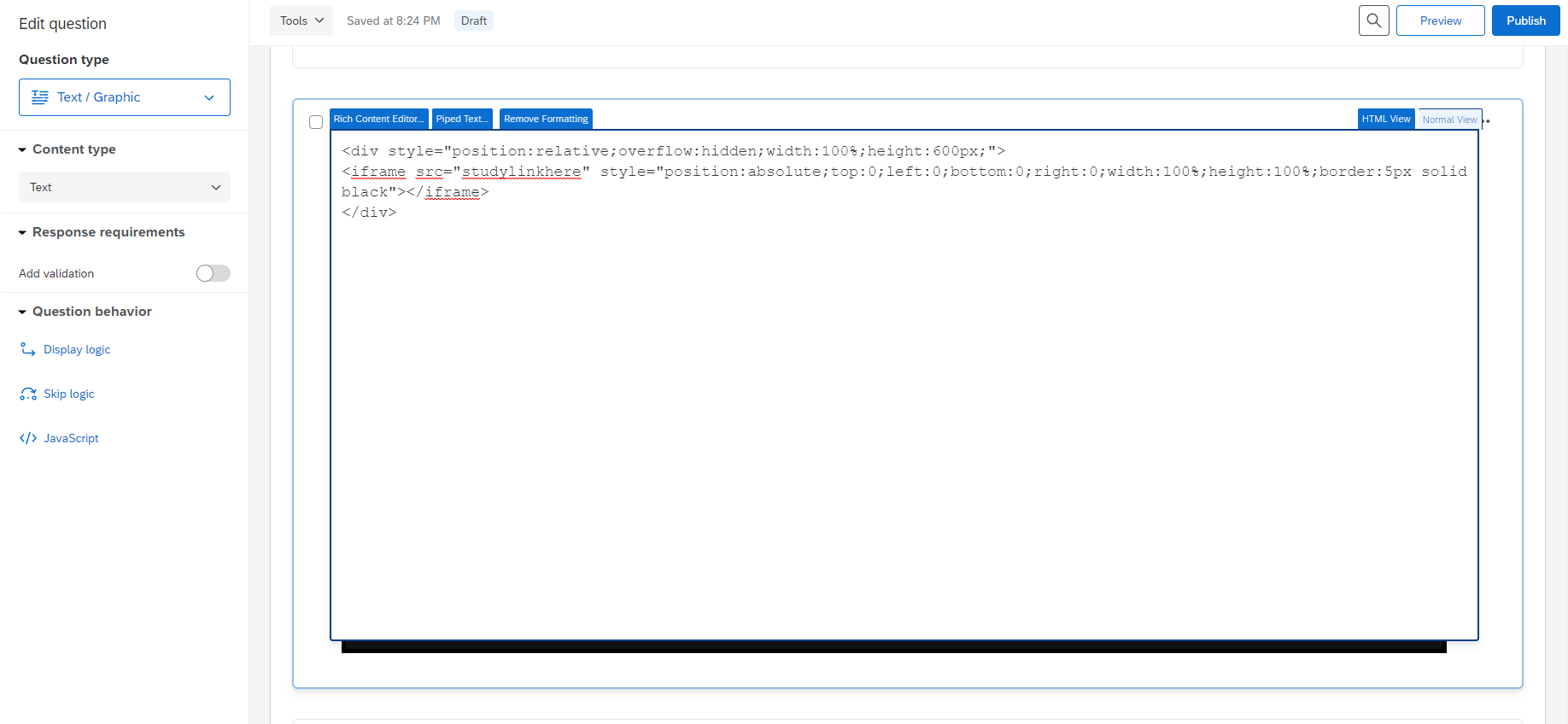 Screenshot of inputting custom HTML into Qualtrics